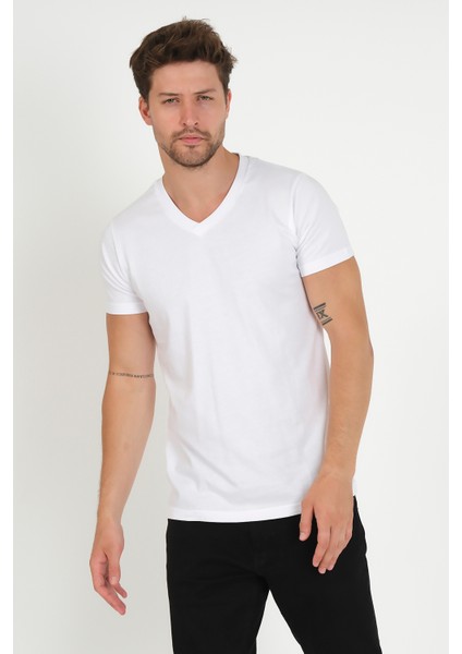 Erkek V Yaka T-Shirt -Beyaz modelleri