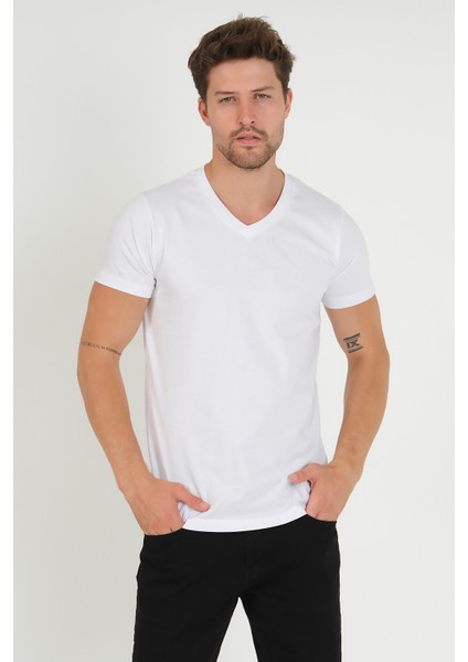 Erkek V Yaka T-Shirt -Beyaz indirimleri