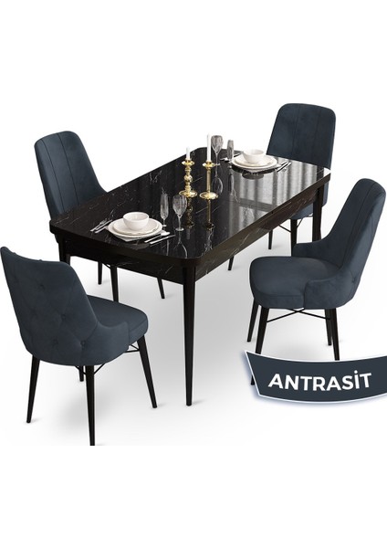 Concept Ahu Serisi 80 x 132 cm Açılabilir Siyah Mermer Desen Mutfak Masa Takımı 4 Sandalye