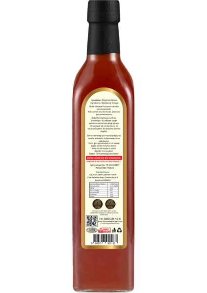İçilebilir Katkısız Cam Şişe Böğürtlen Sirkesi 500 ml