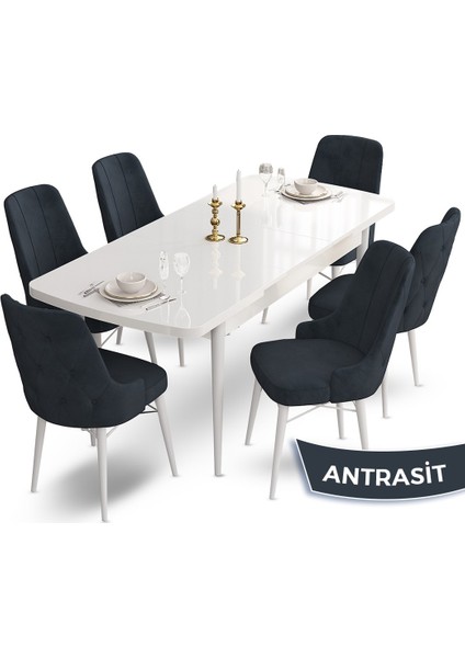 Concept Ahu Serisi 80 x 132 cm Açılabilir Masa Beyaz Mutfak Masa Takımı 6 Sandalye