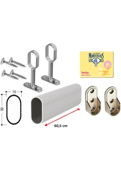 Dolap Içi Askılık Borusu Alüminyum Oval 60,5 cm + 2 Adet Oval Ayaklı Flanş + 2 Adet Oval Sabit Flanş + Montaj Vidaları Set