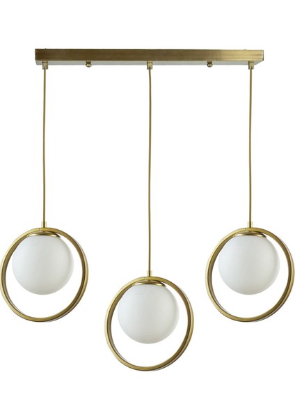 Nina Modern Tasarım Eskitme Gold Renk Beyaz Camlı Sıralı 3'lü Avize