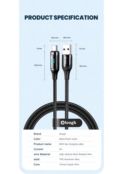 LED 6A Dijital Ekranlı USB To Type-C Hızlı Şarj Kablosu(1 Metre)