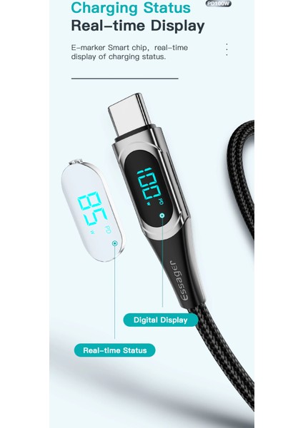 LED 6A Dijital Ekranlı USB To Type-C Hızlı Şarj Kablosu(1 Metre)