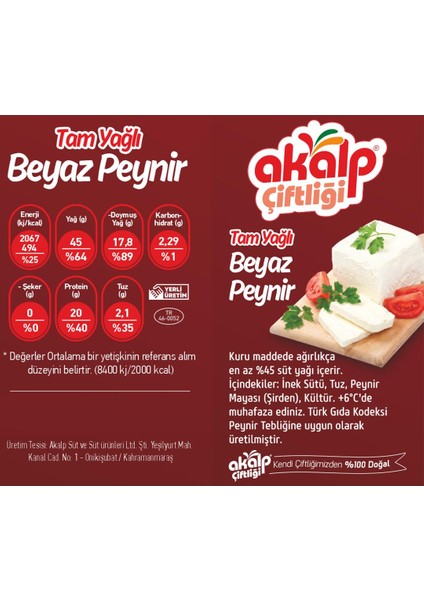 Akalp Çiftliği Tam Yağlı Beyaz Peynir 500 gr