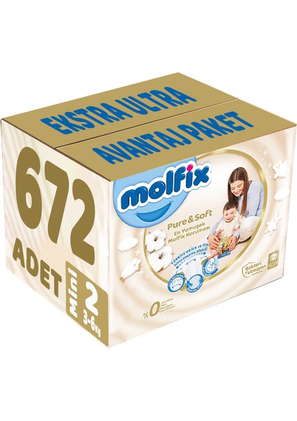 Pure&Soft Bebek Bezi Beden:2 (3-6kg) Mini 672 Adet Ekstra Ultra Avantaj Paketi