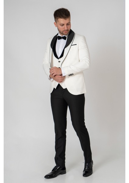 White Stone Genova Slim Fit Damatlık Takım Elbise Des Beyaz