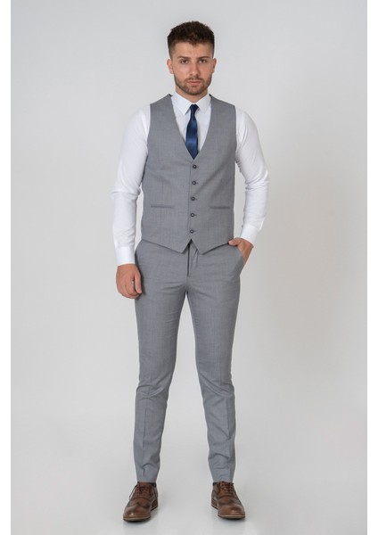 White Stone Prato Likralı Slim Fit Yelekli Takım Elbise Desenli