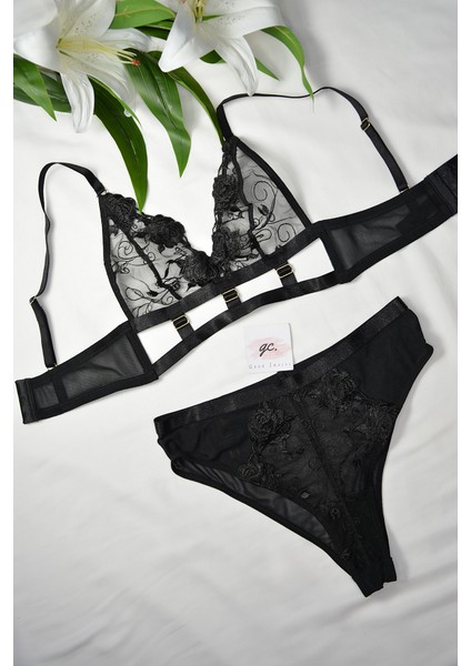 Asi Siyah Güpürlü Sütyen Takım