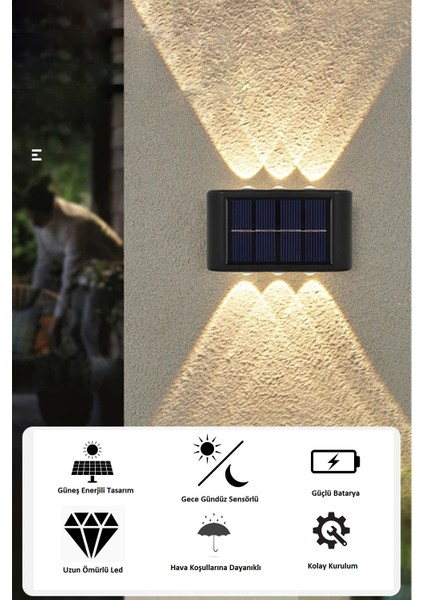 4 Adet - Modern 6 Ledli Solar Çift Taraflı Aplik Güneş Enerjili Duvar Aydınlatma Lambası (Gün Işığı)