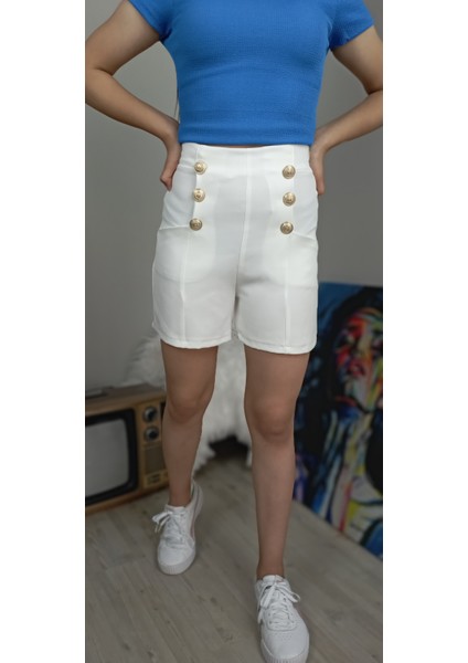 Yüksek Bel Slim Fit Düğme Detay Şort