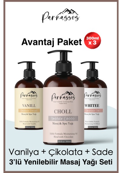 Çikolata Aromalı + Vanilyalı + White Duyusal Ve Afrodizyak Etkili Aromaterapi Masaj Yağı Seti 300 Ml