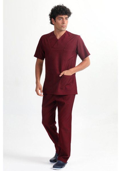 Terikoton Zarfyaka Bordo Erkek Doktor Hemşire Veteriner Forması Takım (Aky-5702)