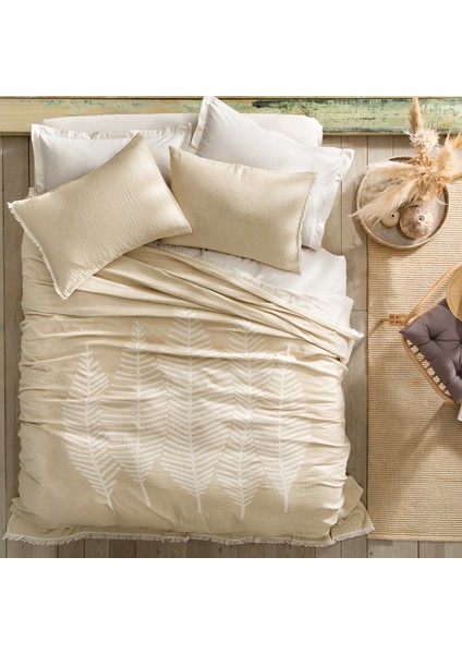 Bedding Çift Kişilik Folium Müslin Pike Yatak Örtüsü Seti Camel