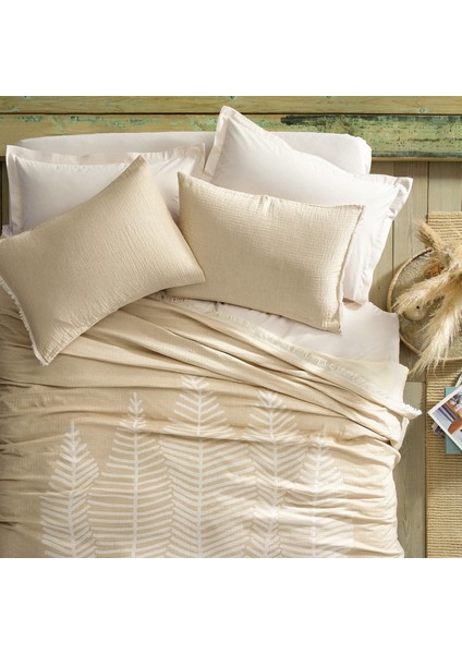 Bedding Çift Kişilik Folium Müslin Pike Yatak Örtüsü Seti Camel