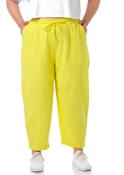 Büyük Beden Yarım Şalvar Astarlı Cepli Beli Lastikli ve Ipli Keten Sarı Kadın Pantolon