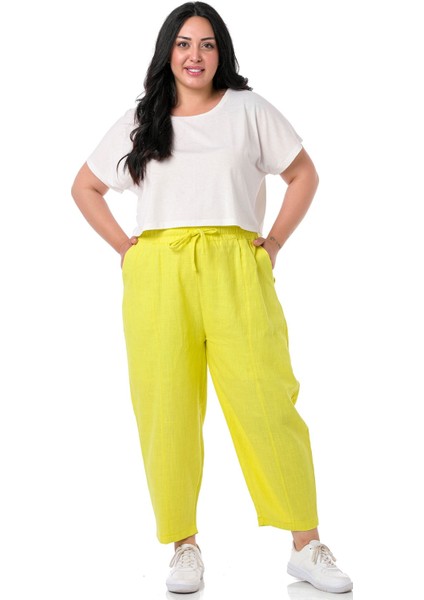 Büyük Beden Yarım Şalvar Astarlı Cepli Beli Lastikli ve Ipli Keten Sarı Kadın Pantolon fiyatları