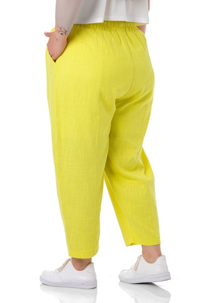 Büyük Beden Yarım Şalvar Astarlı Cepli Beli Lastikli ve Ipli Keten Sarı Kadın Pantolon modelleri