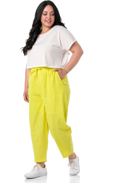 Büyük Beden Yarım Şalvar Astarlı Cepli Beli Lastikli ve Ipli Keten Sarı Kadın Pantolon fırsatları