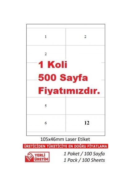 A1ETIKET TW-2512 500 A4 Sayfa Lazer Etiket 105 x 46 mm 1 A4 Sayfada 12 Etiket