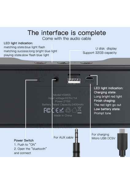 Yesıdo YSW05 Şarj Edilebilir Stereo Bas Bluetooth 5.0 Hoparlör Müzik Çalar