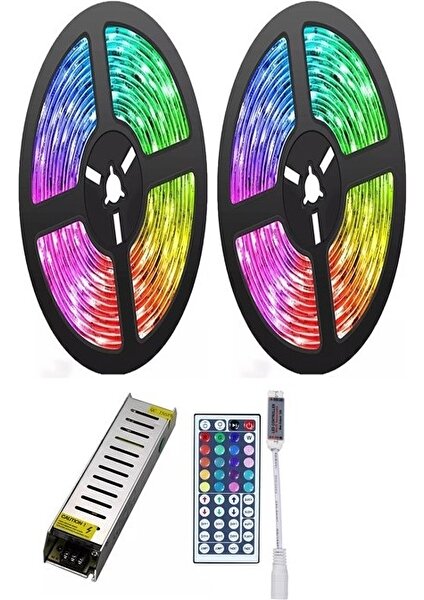 Rgb Şerit Led 3 Çipli - 5+5  10 Metre 3cipli - 12v 5a Silim Adaptör - 44tuşlu Kontrol Kutusu Radio Frekanslı