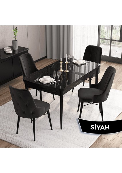 Concept Iza Serisi,80 X 132 cm Mdf Açılabilir Siyah Mermer Desen Mutfak Masa Takımı, 4 Sandalye