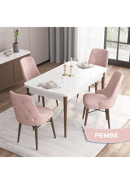 Concept Iza Serisi, 80 X 132 cm Açılabilir Mdf Beyaz Masa Ceviz Ayak Mutfak Masa Takımı, 4 Sandalye