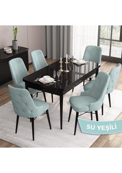 Concept Iza Serisi,80 X 132 cm Mdf Açılabilir Siyah Mermer Desen Mutfak Masa Takımı, 6 Sandalye
