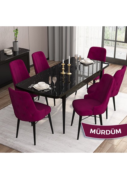 Concept Iza Serisi,80 X 132 cm Mdf Açılabilir Siyah Mermer Desen Mutfak Masa Takımı, 6 Sandalye