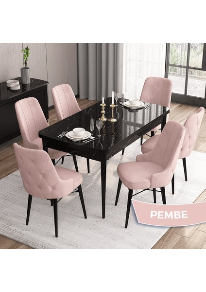 Concept Iza Serisi,80 X 132 cm Mdf Açılabilir Siyah Mermer Desen Mutfak Masa Takımı, 6 Sandalye