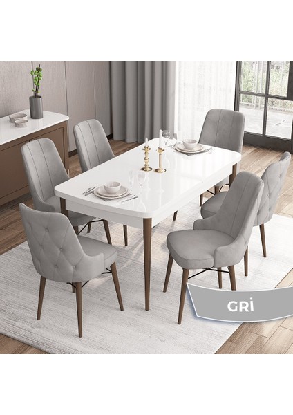 Concept Iza Serisi, 80 X 132 cm Açılabilir Mdf Beyaz Masa Ceviz Ayak Mutfak Masa Takımı, 6 Sandalye