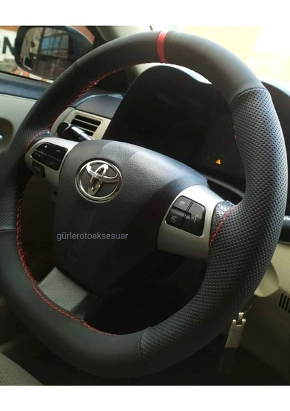 Toyota Corolla 2007-2011 Uyumlu Dikmeli Direksiyon Kılıfı Noktalı-Alkantara (Nubuk) Kırmızı Yüzüklü