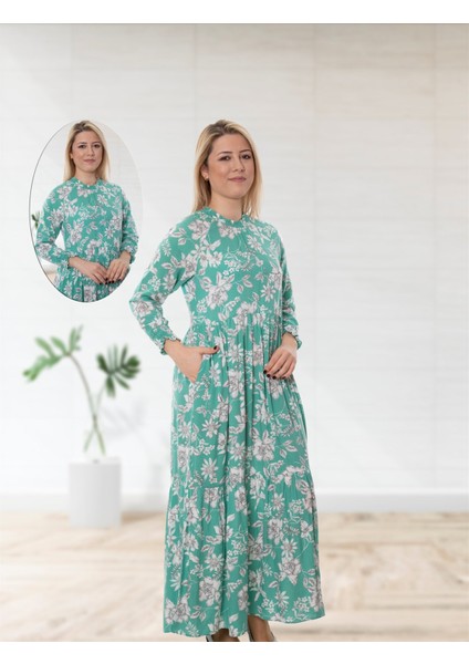 Yaka ve Kol Büzgü Detaylı Yeşil Çiçekli Yazlık Uzun Elbise