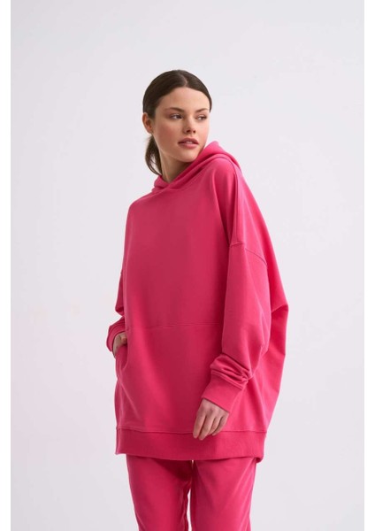 Organik Kapüşonlu Cepli Uzun Kollu Kadın Sweatshirt Pembe Pembe Xs