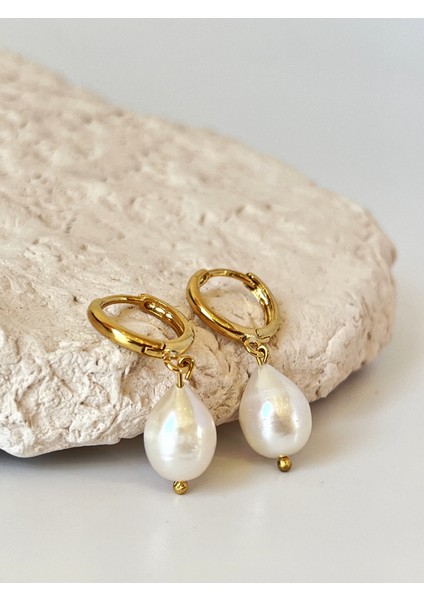 Gerçek Inci Detaylı 14K Altın Kaplama Küpe (Tasarım)