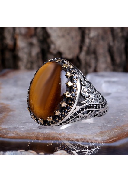 Kaplan Gözü Taşlı 925 Ayar Erkek Gümüş Yüzük