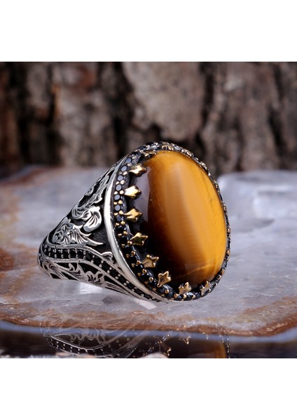 Kaplan Gözü Taşlı 925 Ayar Erkek Gümüş Yüzük fiyatları