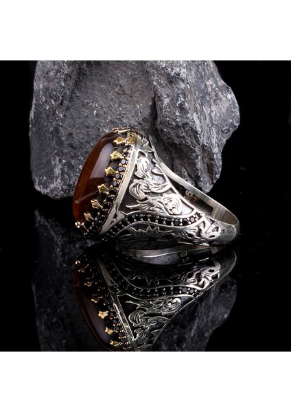 Kaplan Gözü Taşlı 925 Ayar Erkek Gümüş Yüzük modelleri