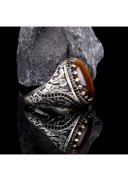 Kaplan Gözü Taşlı 925 Ayar Erkek Gümüş Yüzük fırsatları