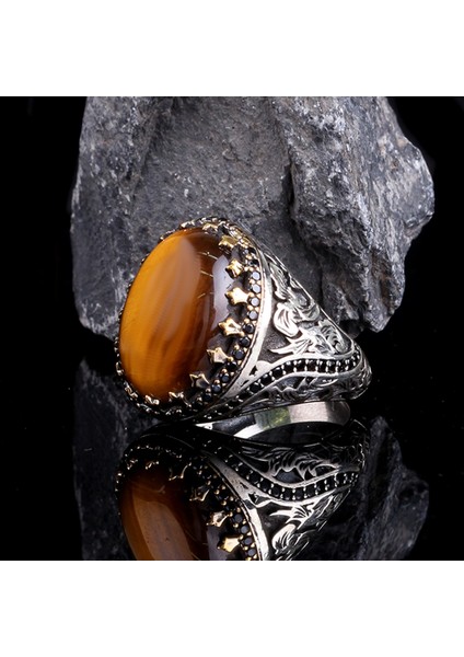 Kaplan Gözü Taşlı 925 Ayar Erkek Gümüş Yüzük indirimleri