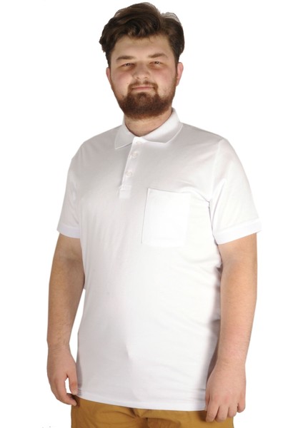 Büyük Beden T-Shirt Polo Cepli Lycra Pike Md 20554 Beyaz