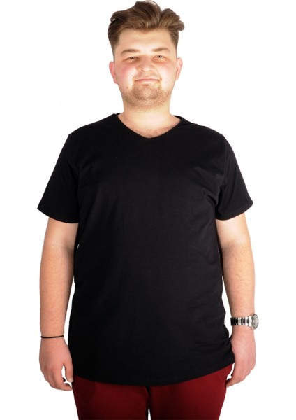 Büyük Beden T-Shirt V Yaka Likralı 20150 Siyah