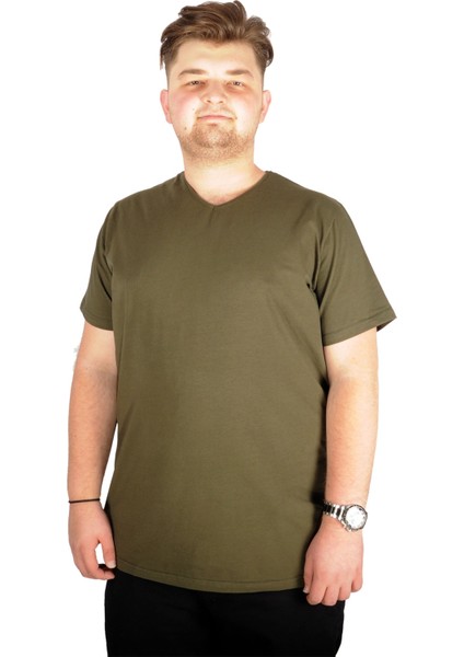 Büyük Beden T-Shirt V Yaka Likralı 20150 Haki