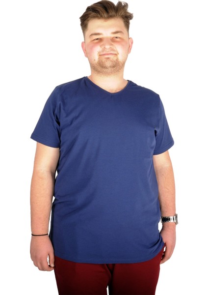 Büyük Beden T-Shirt V Yaka Likralı 20150 Indigo