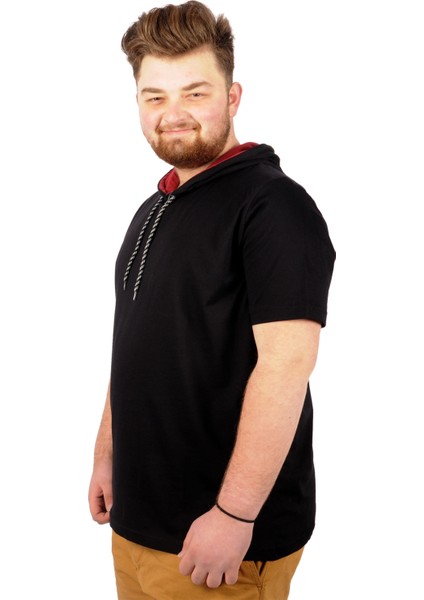 Büyük Beden Oversize Tshirt Bisiklet Yaka Kapşon Basic 21115 Siyah