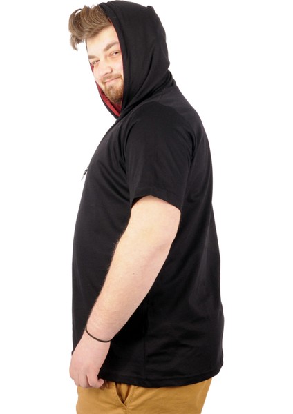 Büyük Beden Oversize Tshirt Bisiklet Yaka Kapşon Basic 21115 Siyah