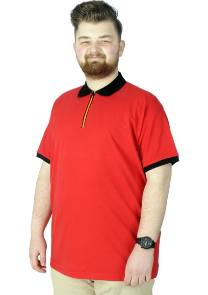 Büyük Beden T-Shirt Polo Printed Zipper 22319 Kırmızı