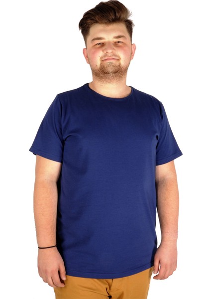 Büyük Beden Likralı T-Shirt Bisiklet Yaka 20149 Indigo